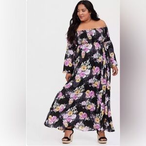 Torrid Black Floral Challis Off Shoulder Maxi Dress